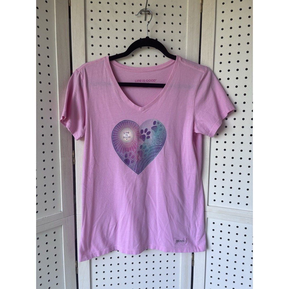 Life is Good Crusher Lite Tee Shirt Short SLV Women's S Pink V Neck Paw Print